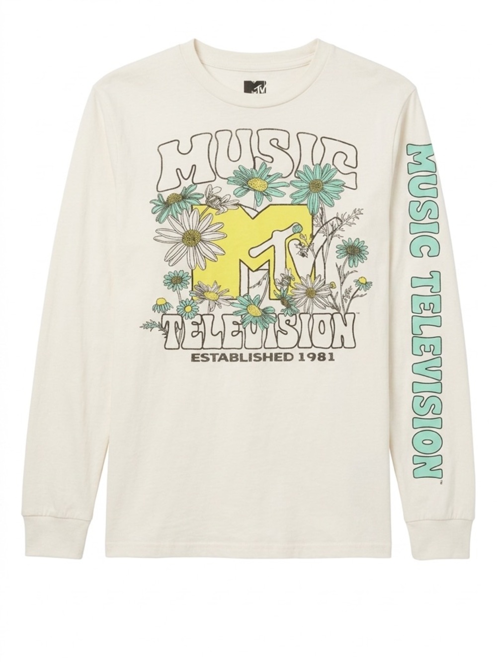 MTV Cream Long Sleeve Tee with Yellow Logo and Turquoise Accents